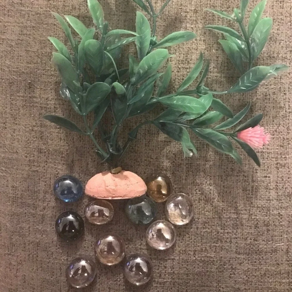 Aquarium Decor Fish Tank Ornament Green Plant Flower & Colored Marbles Pebbles